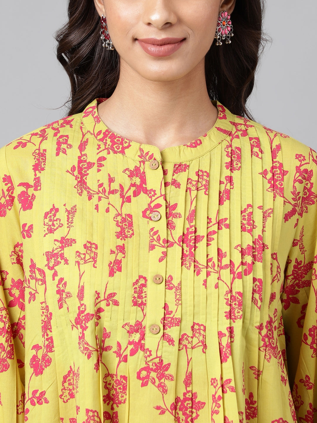 Janasya Women's Yellow Cotton Floral Printed Casual A-Line Top | Swadesiicart