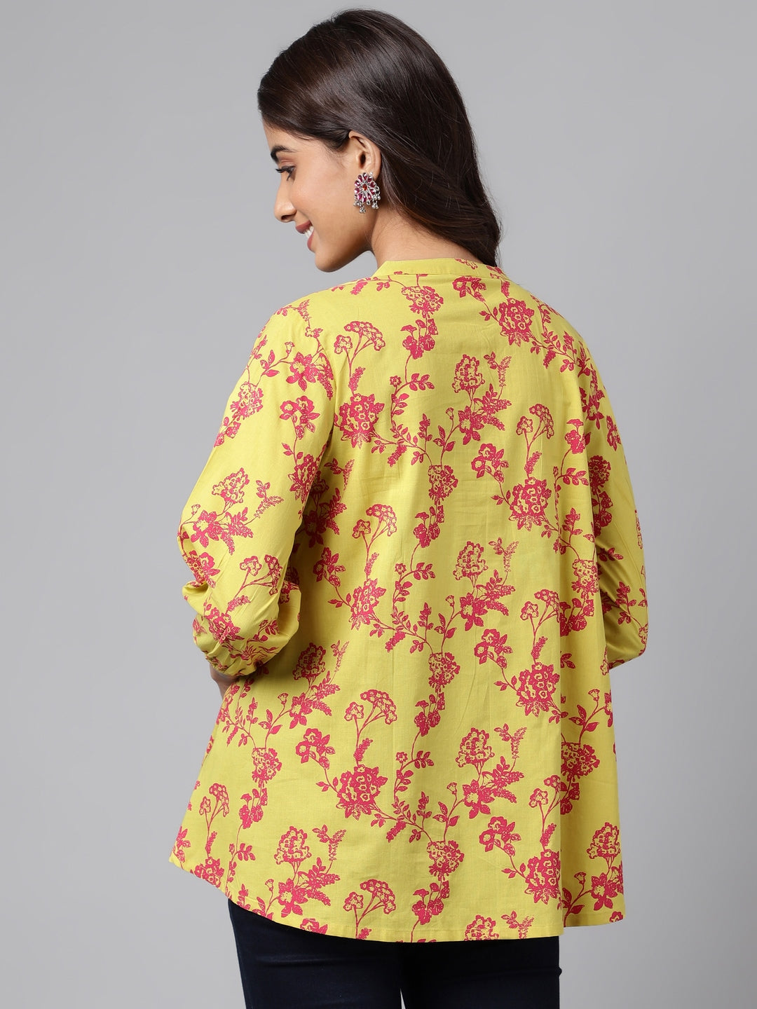 Janasya Women's Yellow Cotton Floral Printed Casual A-Line Top | Swadesiicart