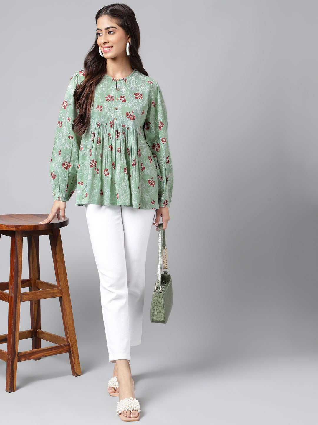 Indian Clothing Janasya Women's Green Cotton Floral Printed Casual Peplum Top | Swadesiicart