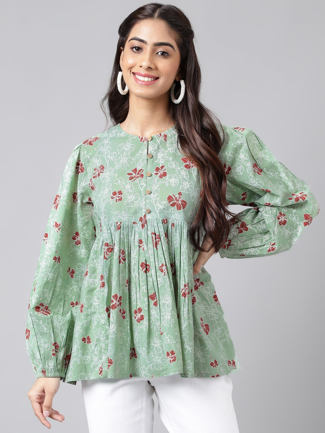 Indian Clothing Janasya Women's Green Cotton Floral Printed Casual Peplum Top | Swadesiicart
