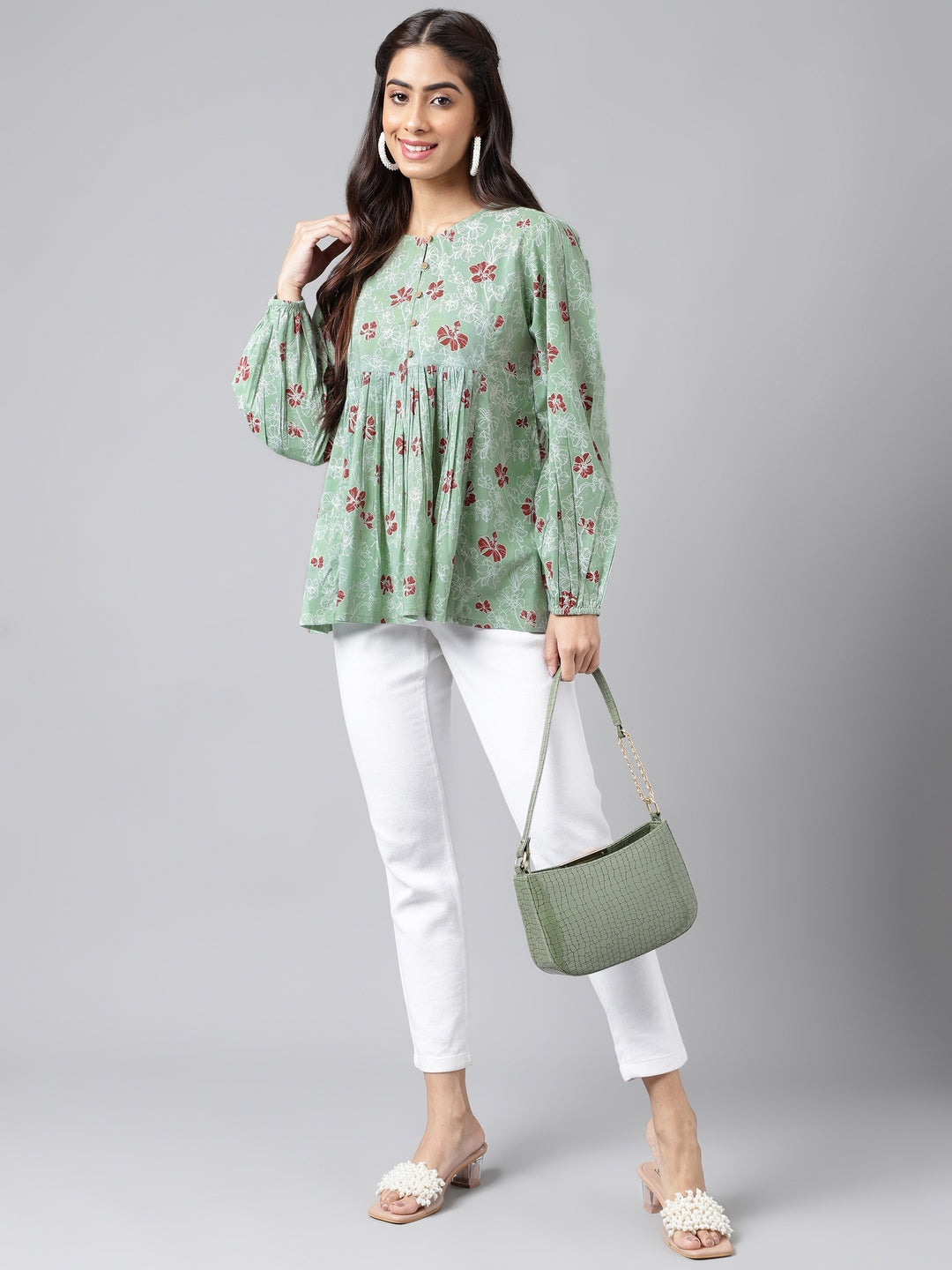 Indian Clothing Janasya Women's Green Cotton Floral Printed Casual Peplum Top | Swadesiicart