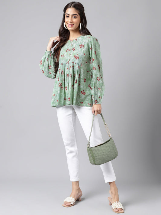 Indian Clothing Janasya Women's Green Cotton Floral Printed Casual Peplum Top | Swadesiicart