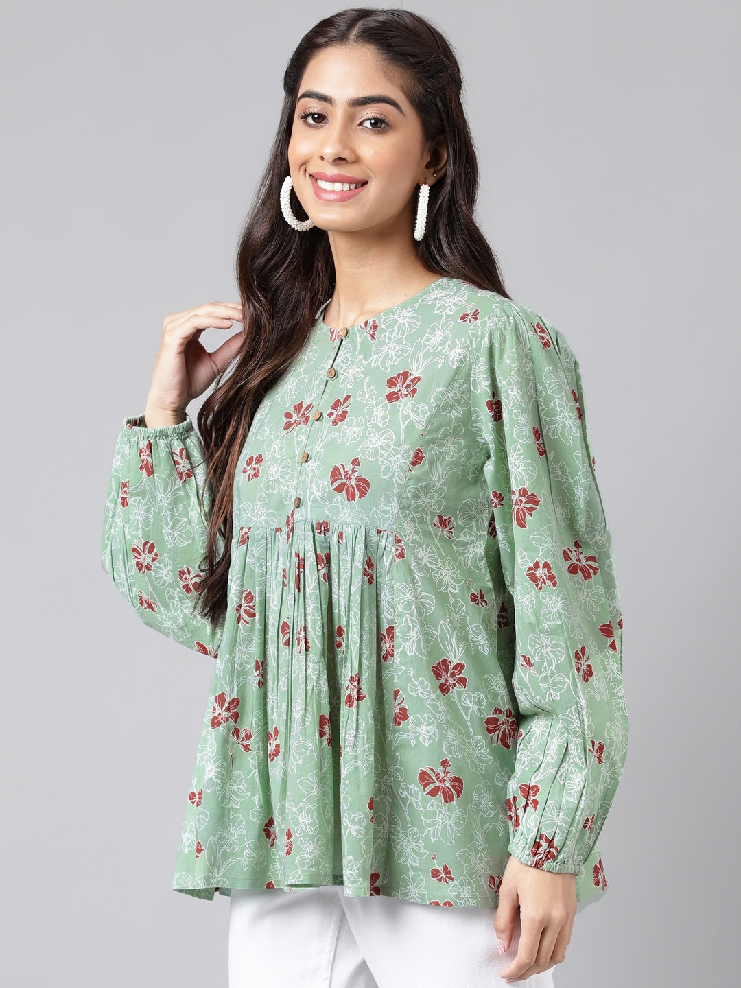 Indian Clothing Janasya Women's Green Cotton Floral Printed Casual Peplum Top | Swadesiicart