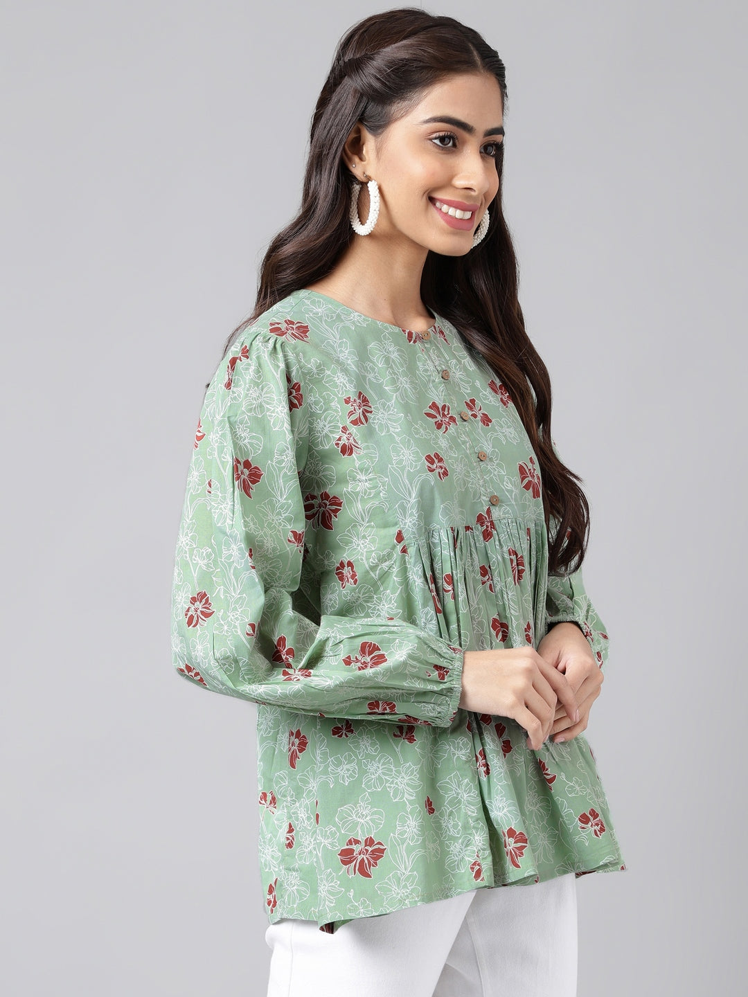 Indian Clothing Janasya Women's Green Cotton Floral Printed Casual Peplum Top | Swadesiicart