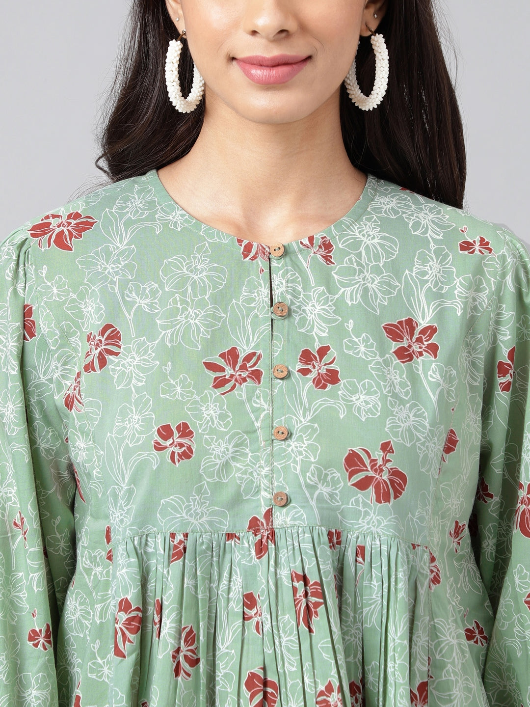 Indian Clothing Janasya Women's Green Cotton Floral Printed Casual Peplum Top | Swadesiicart