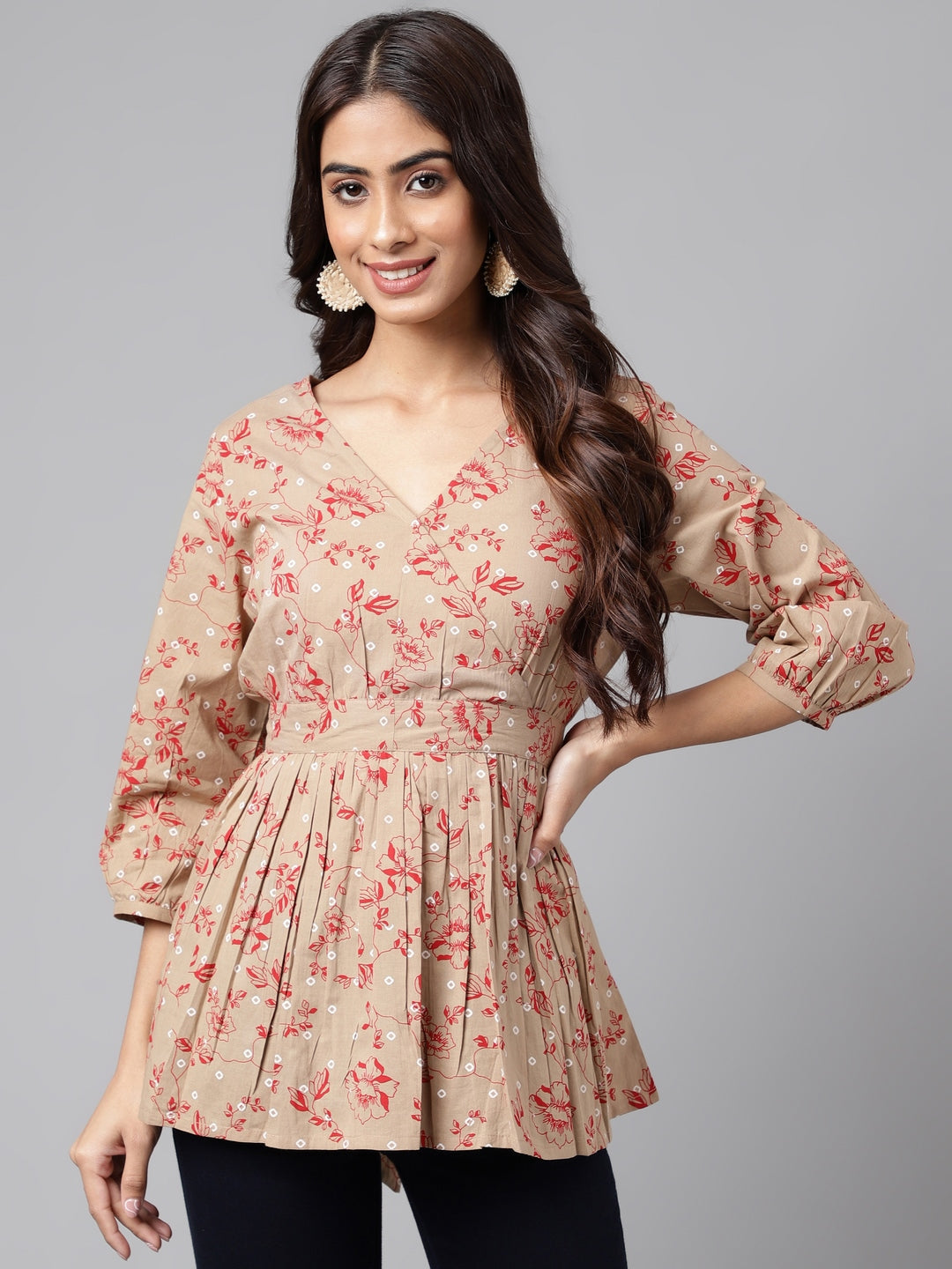 Janasya Women's Brown Cotton Botanical Printed Casual Peplum Top | Swadesiicart