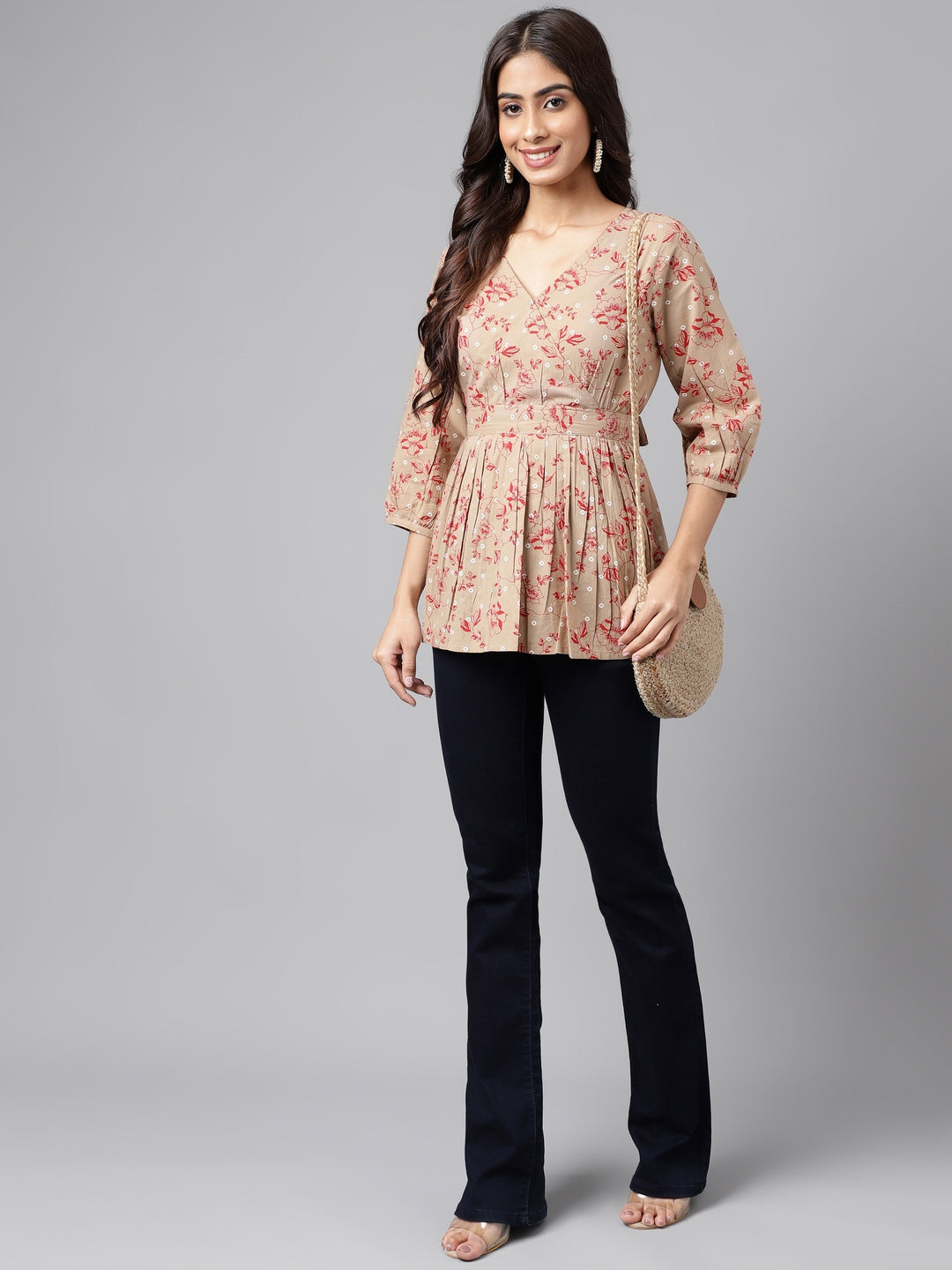 Janasya Women's Brown Cotton Botanical Printed Casual Peplum Top | Swadesiicart
