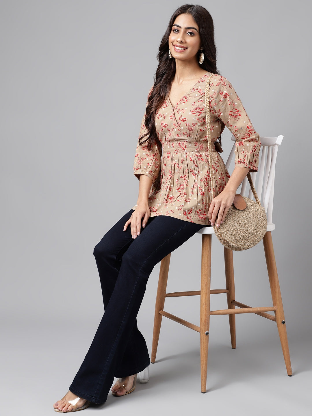 Janasya Women's Brown Cotton Botanical Printed Casual Peplum Top | Swadesiicart