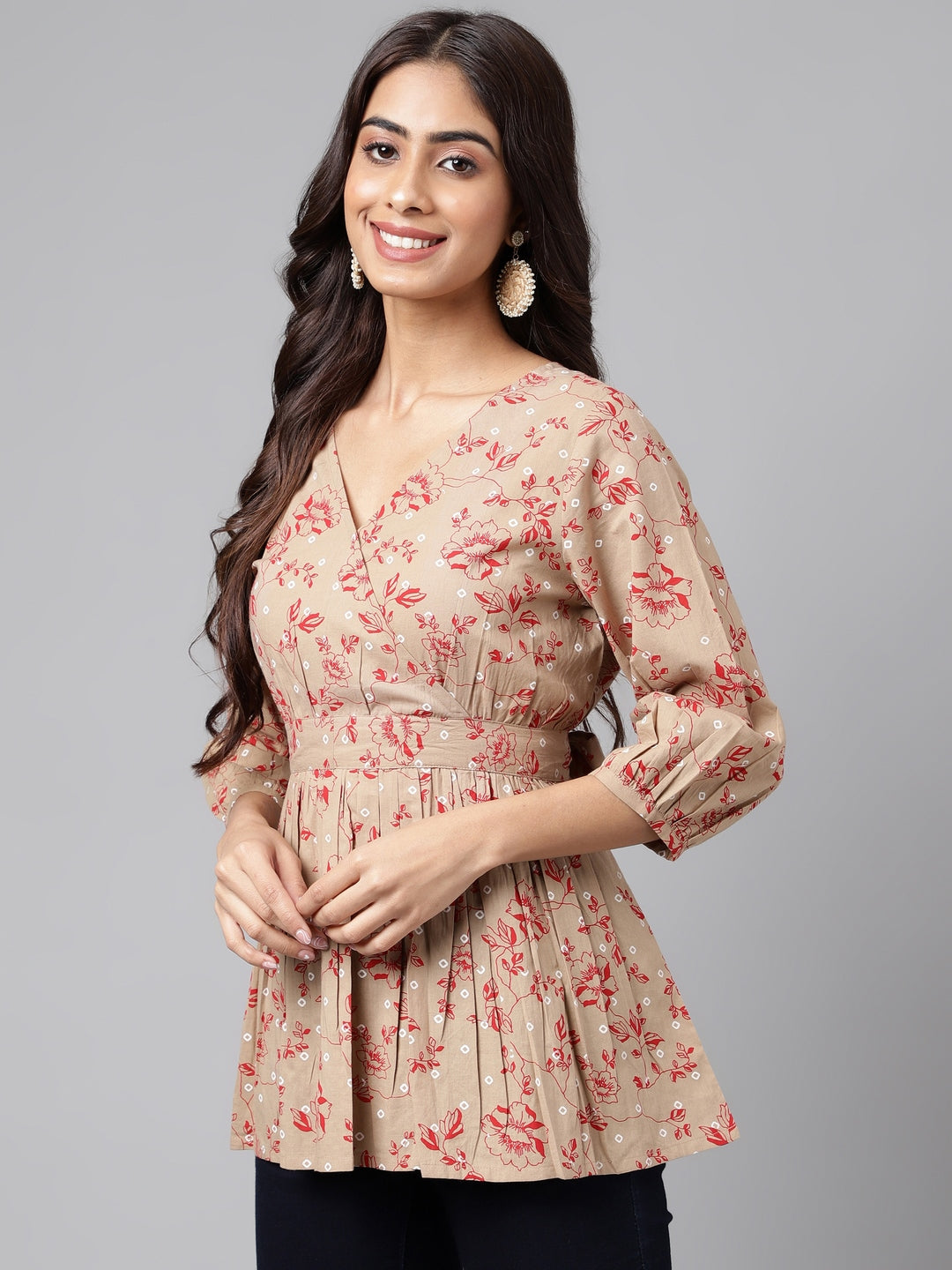 Janasya Women's Brown Cotton Botanical Printed Casual Peplum Top | Swadesiicart