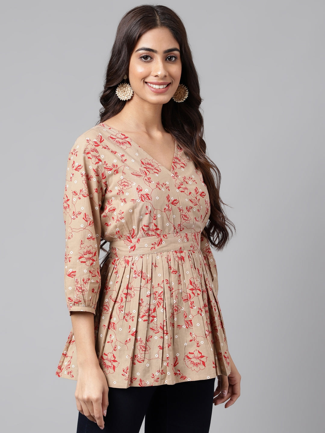 Janasya Women's Brown Cotton Botanical Printed Casual Peplum Top | Swadesiicart