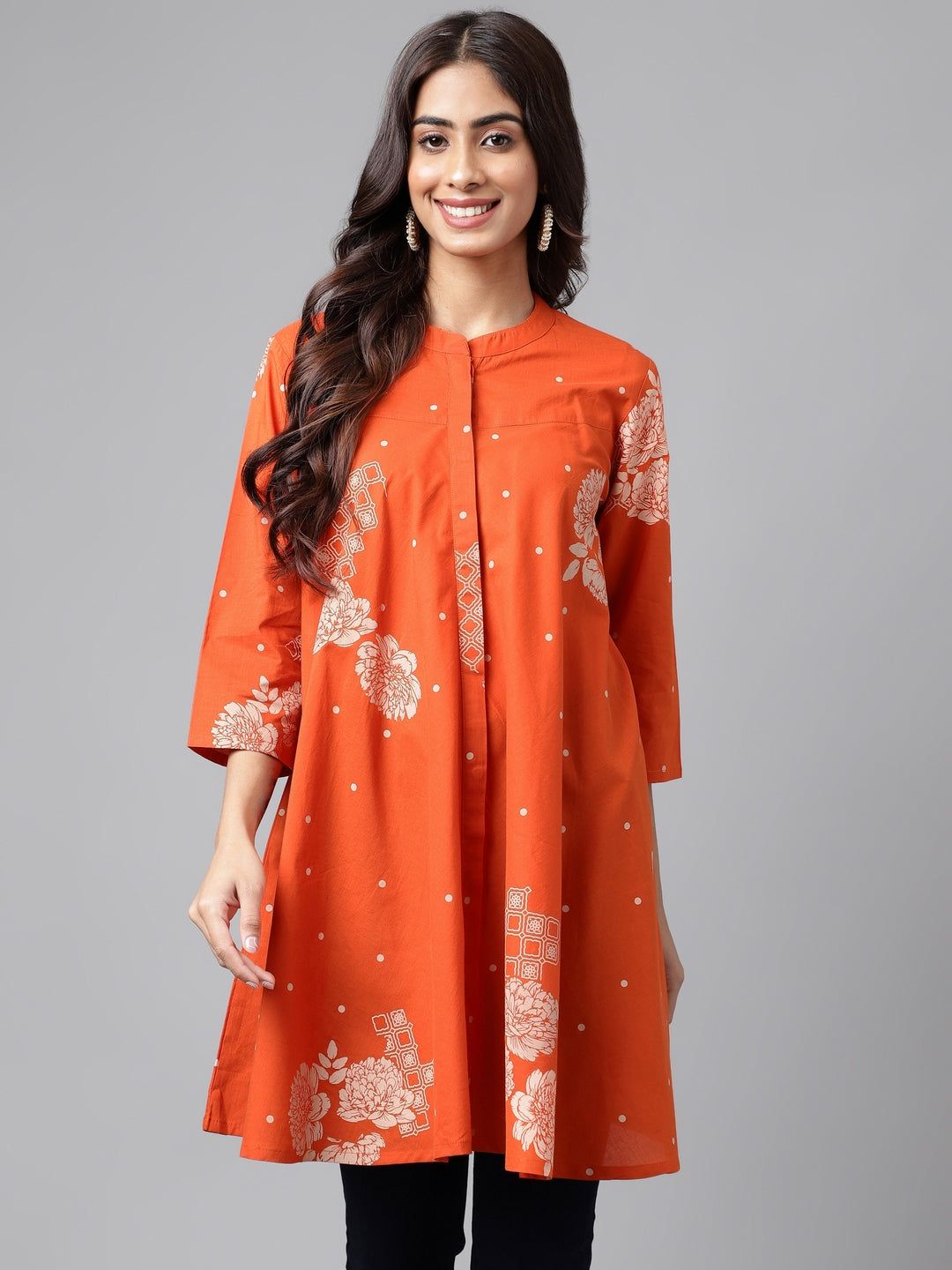 Janasya Women's Orange Cotton Floral Printed Casual Flared Tunic | Swadesiicart