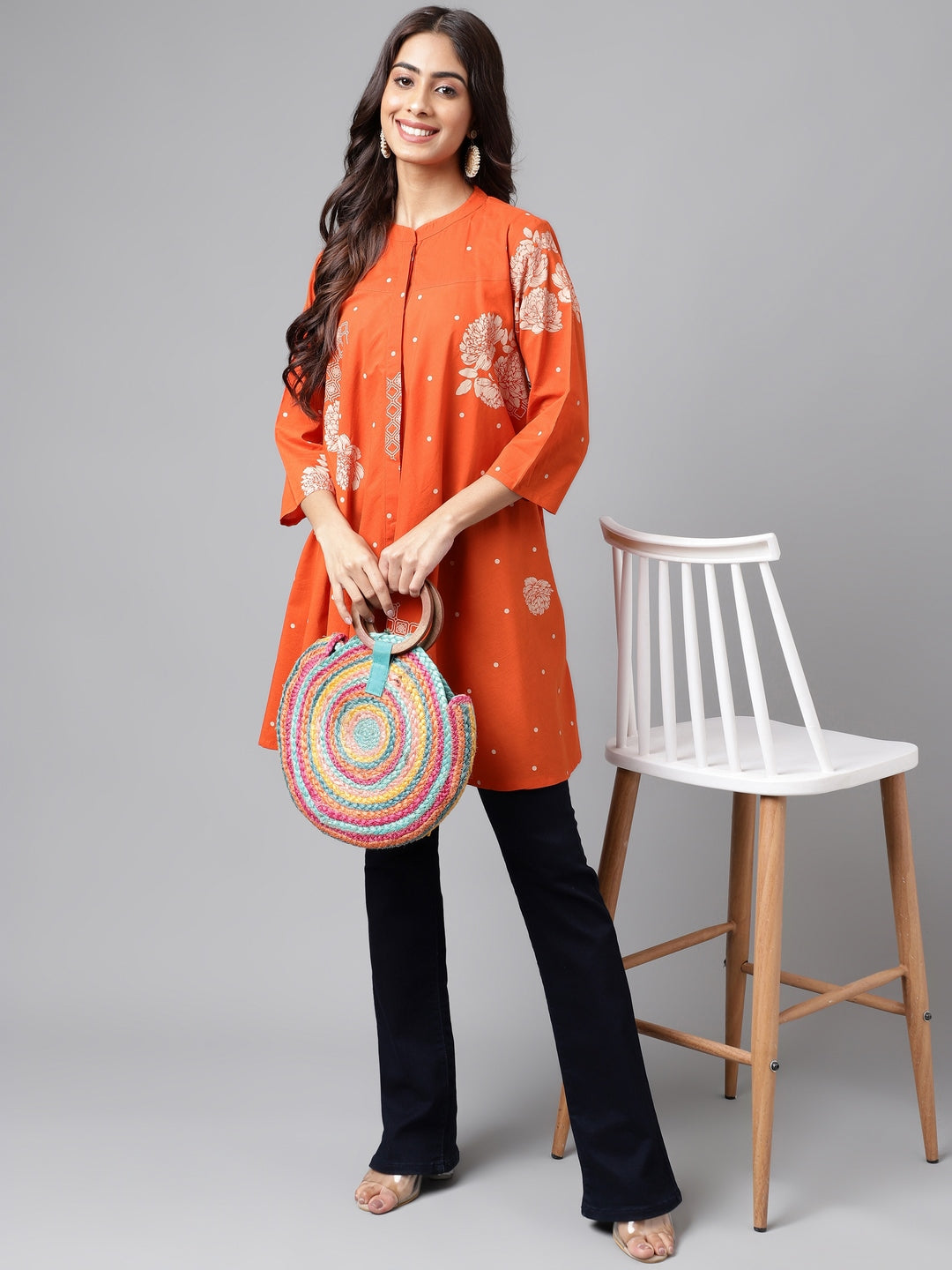 Janasya Women's Orange Cotton Floral Printed Casual Flared Tunic | Swadesiicart
