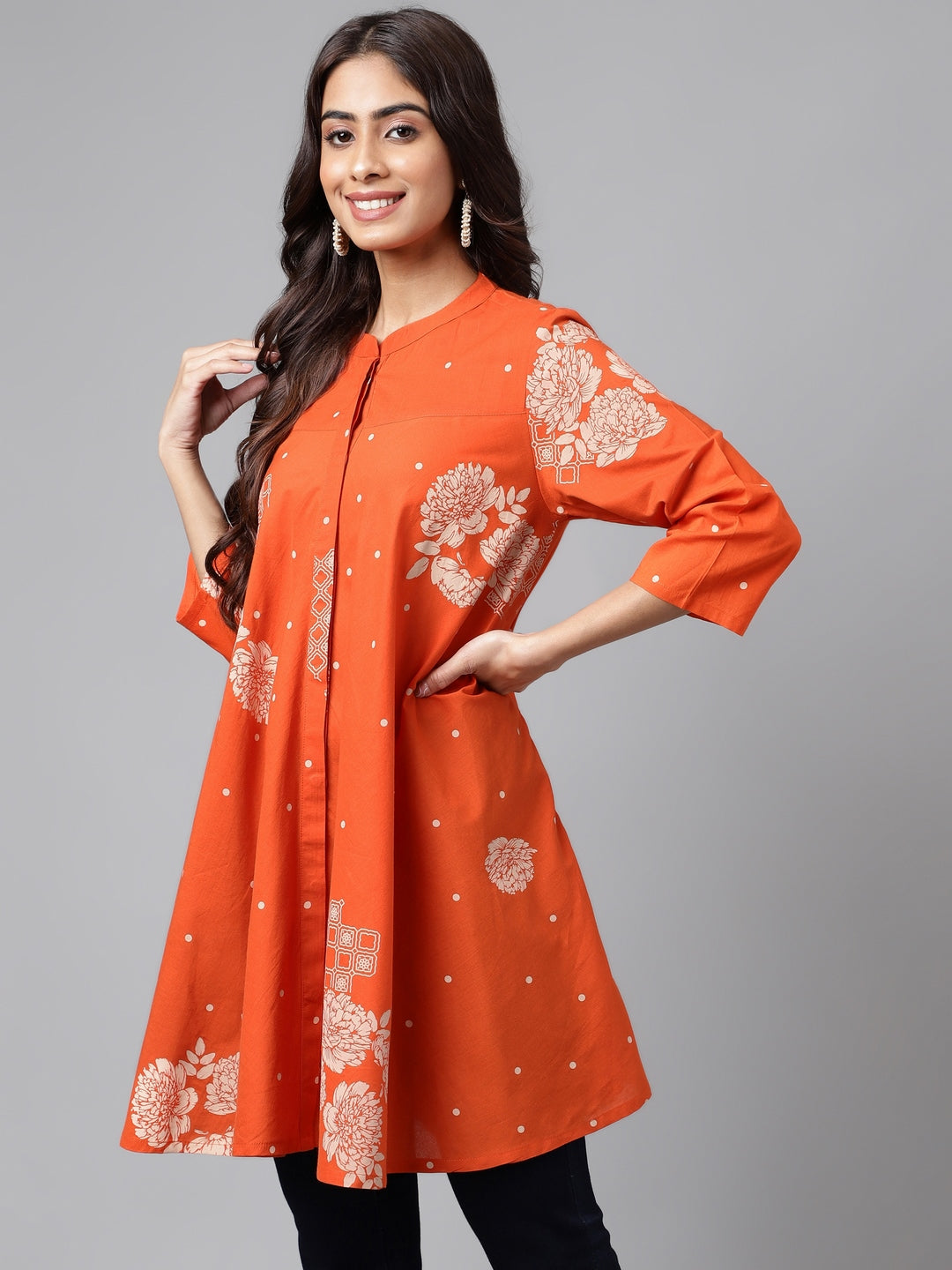 Janasya Women's Orange Cotton Floral Printed Casual Flared Tunic | Swadesiicart
