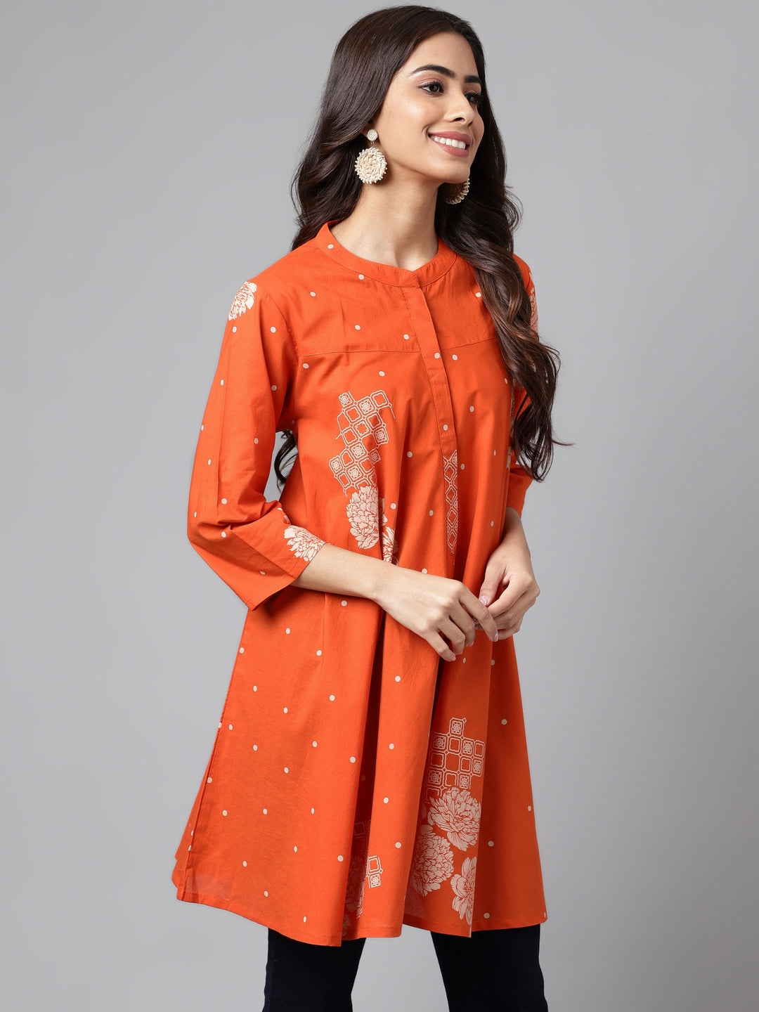 Janasya Women's Orange Cotton Floral Printed Casual Flared Tunic | Swadesiicart