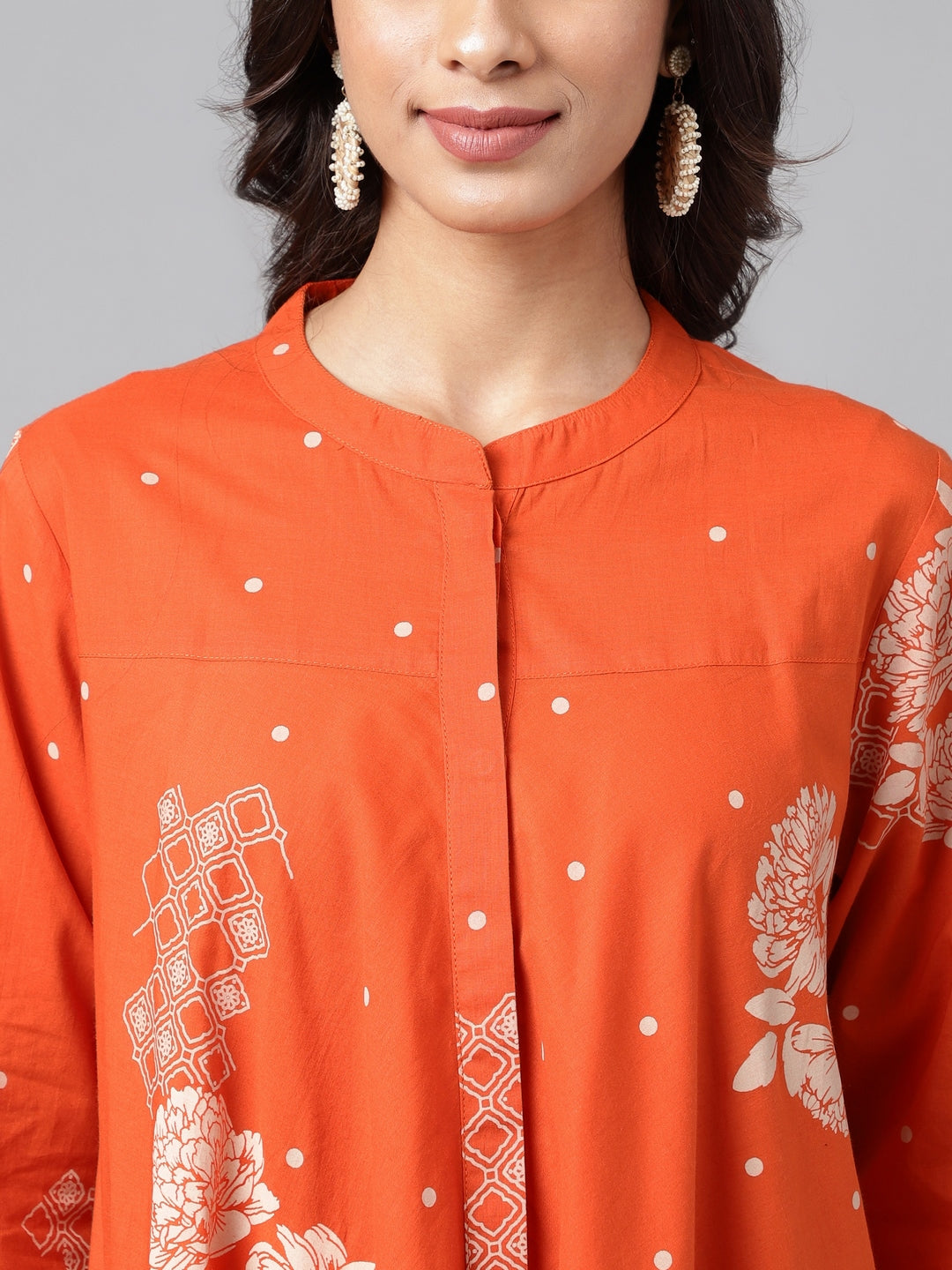 Janasya Women's Orange Cotton Floral Printed Casual Flared Tunic | Swadesiicart