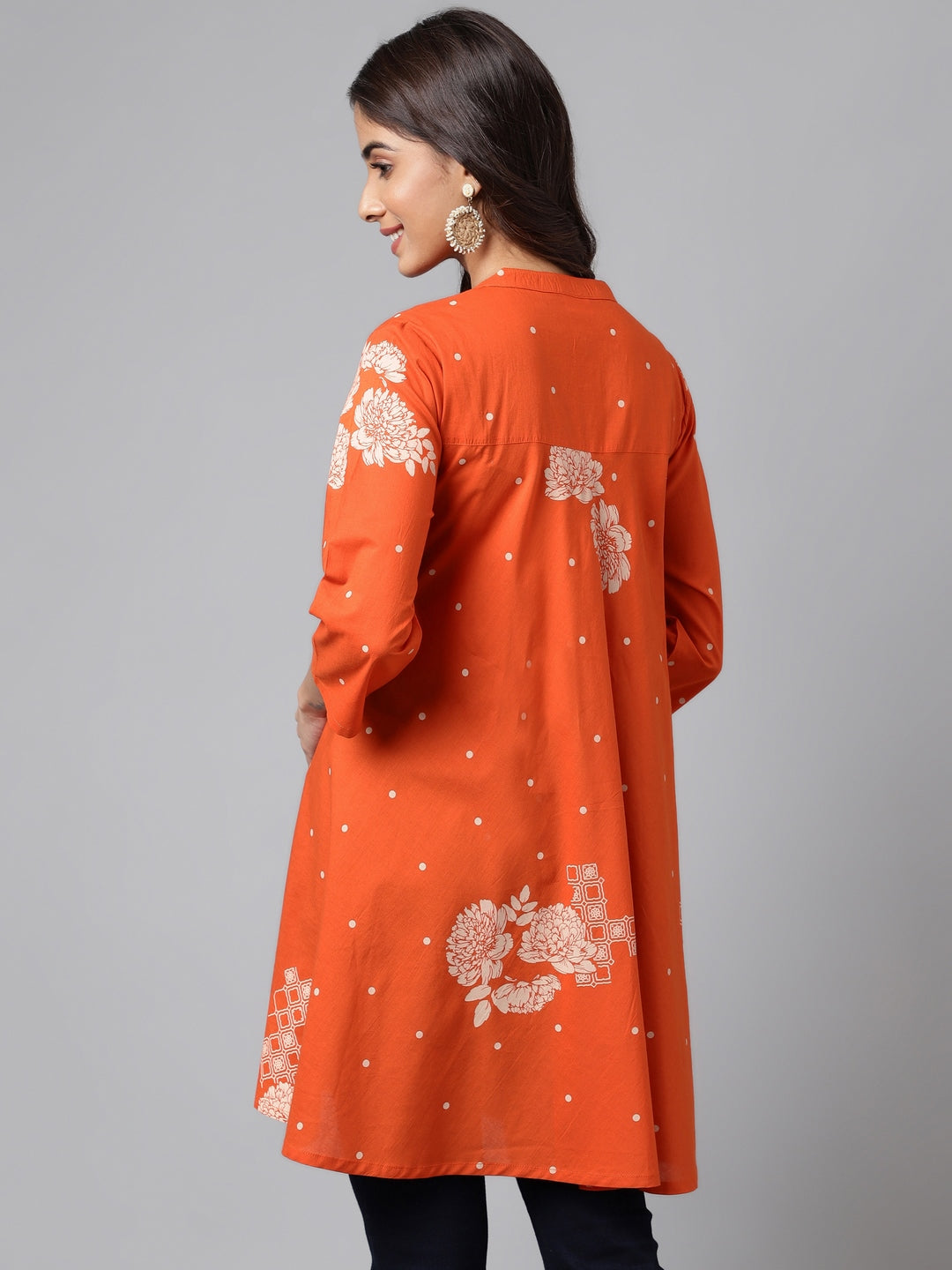 Janasya Women's Orange Cotton Floral Printed Casual Flared Tunic | Swadesiicart