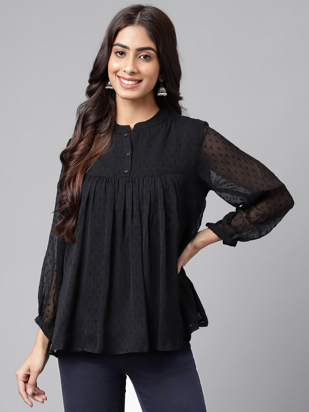 Janasya Women's Black Dobby Chiffon Solid Casual Empire Top | Swadesiicart