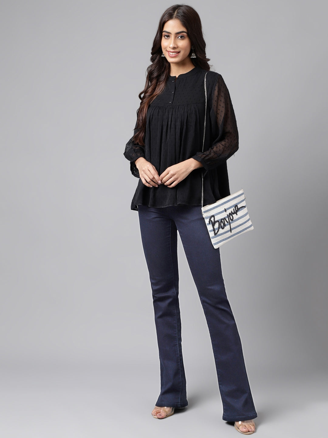 Janasya Women's Black Dobby Chiffon Solid Casual Empire Top | Swadesiicart