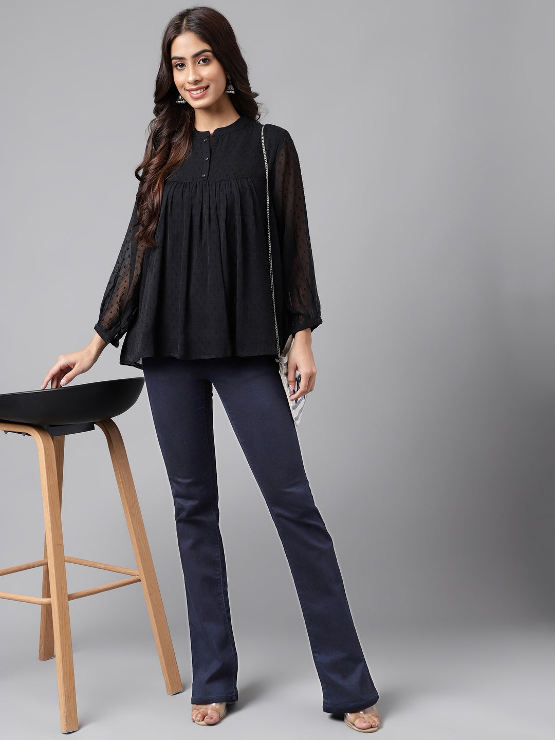Janasya Women's Black Dobby Chiffon Solid Casual Empire Top | Swadesiicart