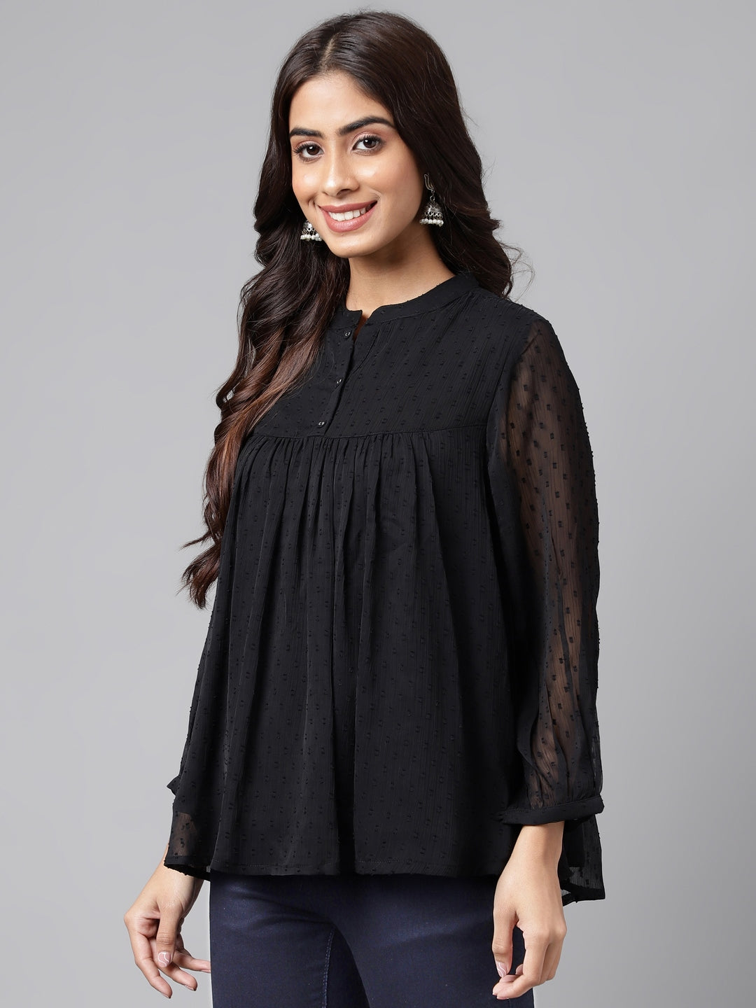 Janasya Women's Black Dobby Chiffon Solid Casual Empire Top | Swadesiicart
