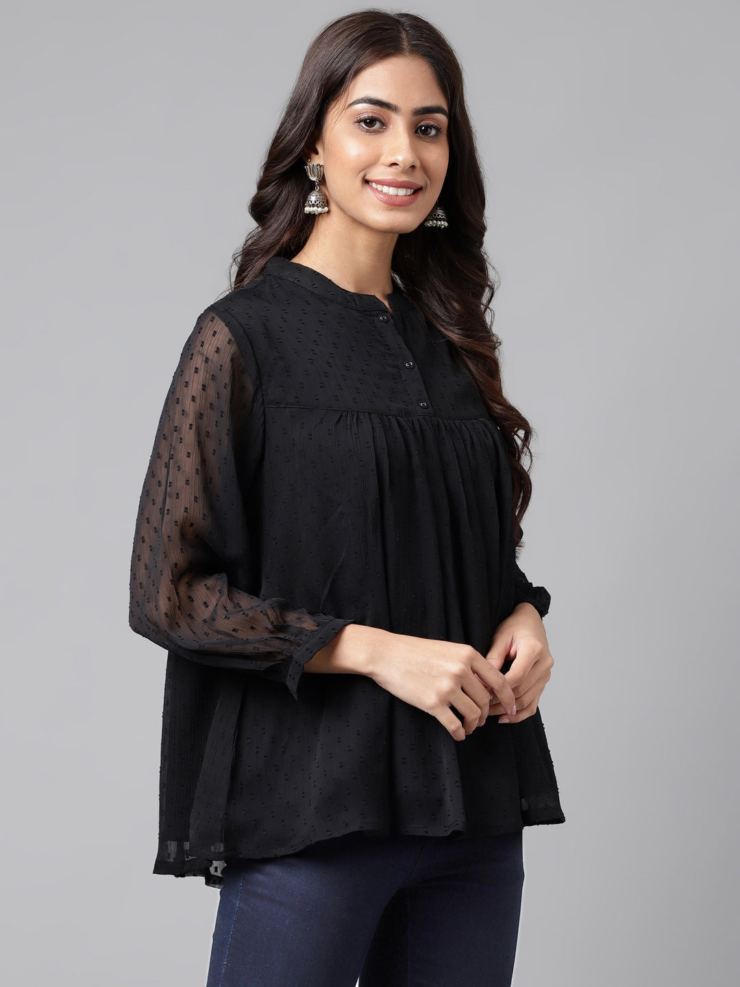Janasya Women's Black Dobby Chiffon Solid Casual Empire Top | Swadesiicart