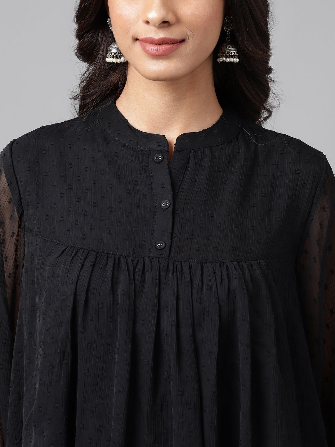 Janasya Women's Black Dobby Chiffon Solid Casual Empire Top | Swadesiicart