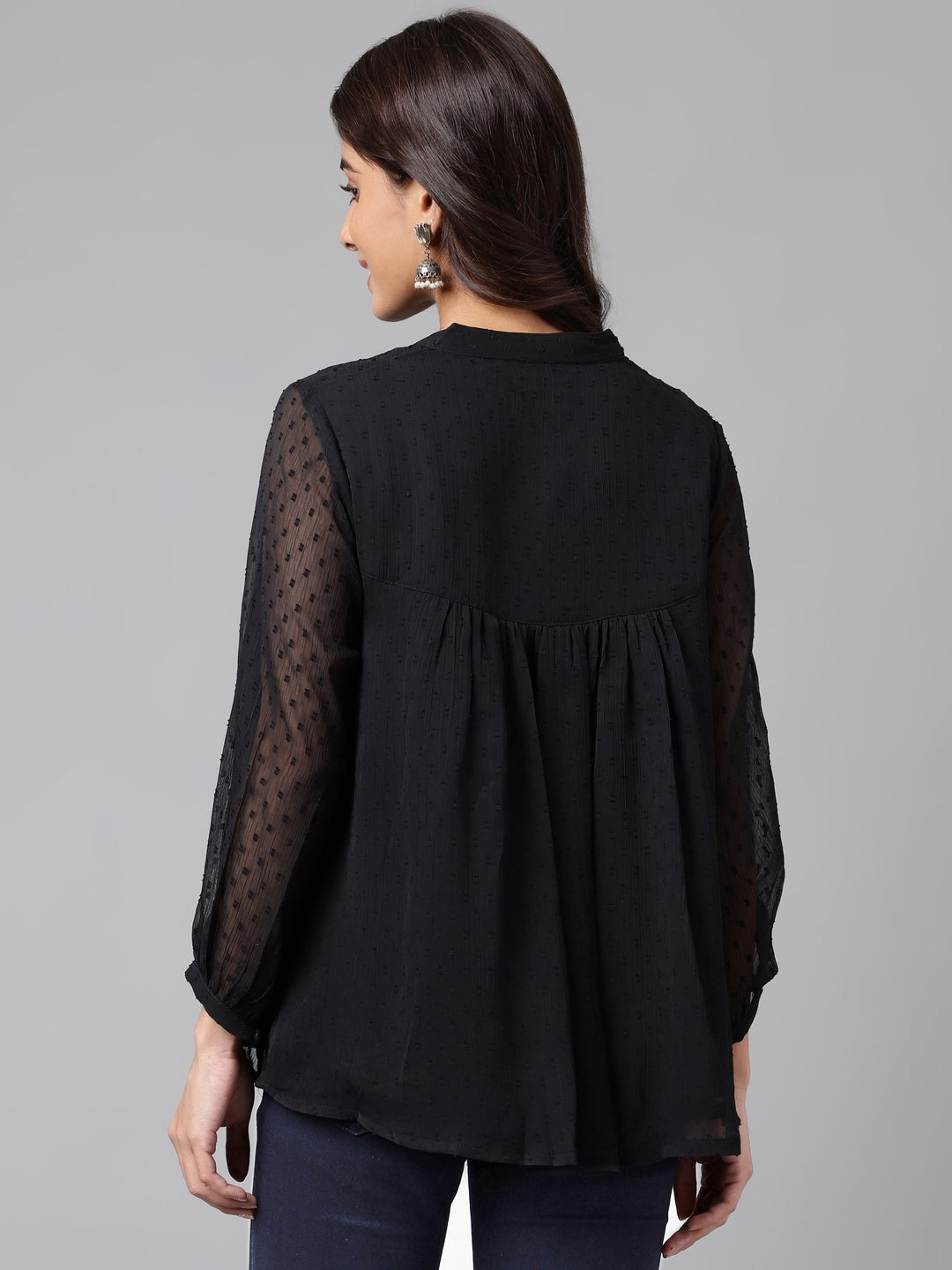Janasya Women's Black Dobby Chiffon Solid Casual Empire Top | Swadesiicart