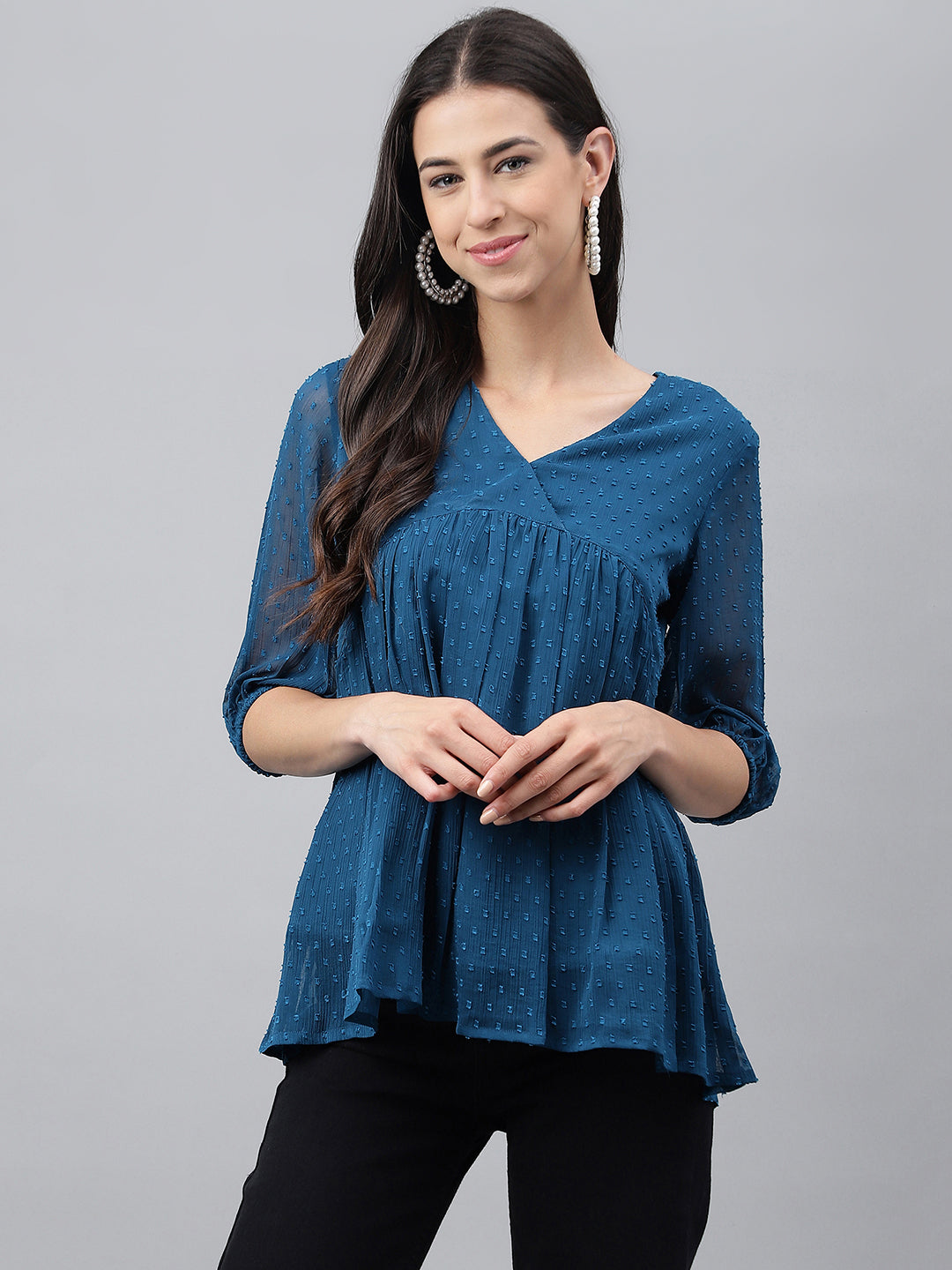 Janasya Women's Teal Blue Dobby Chiffon Solid Casual Empire Top | Swadesiicart