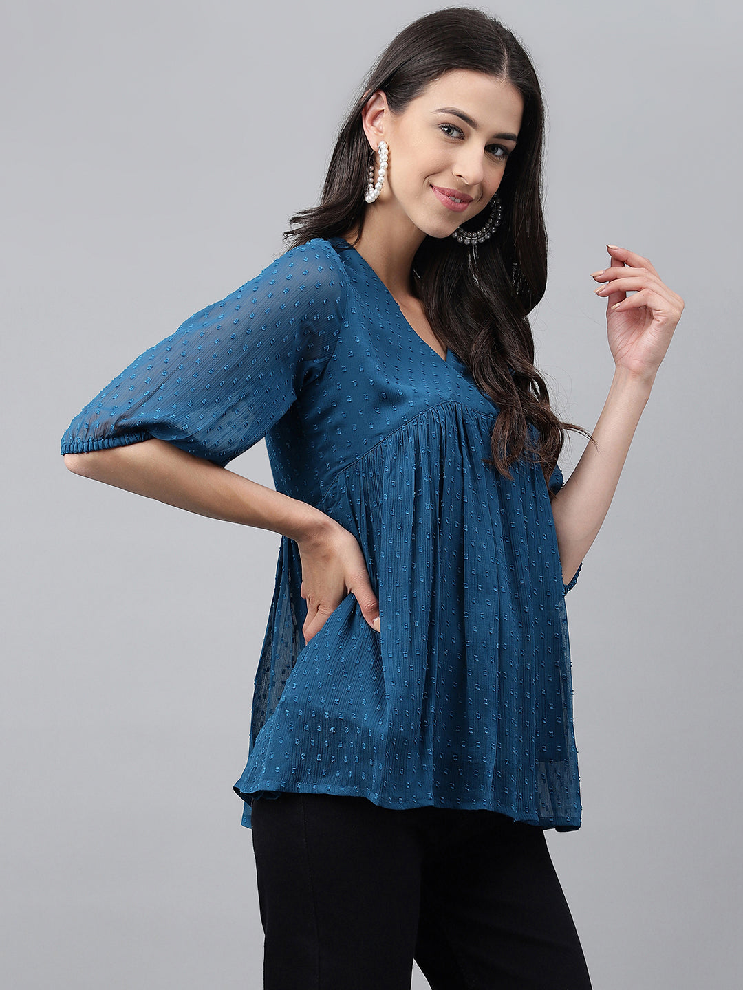 Janasya Women's Teal Blue Dobby Chiffon Solid Casual Empire Top | Swadesiicart