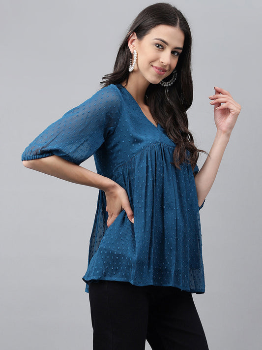 Janasya Women's Teal Blue Dobby Chiffon Solid Casual Empire Top | Swadesiicart