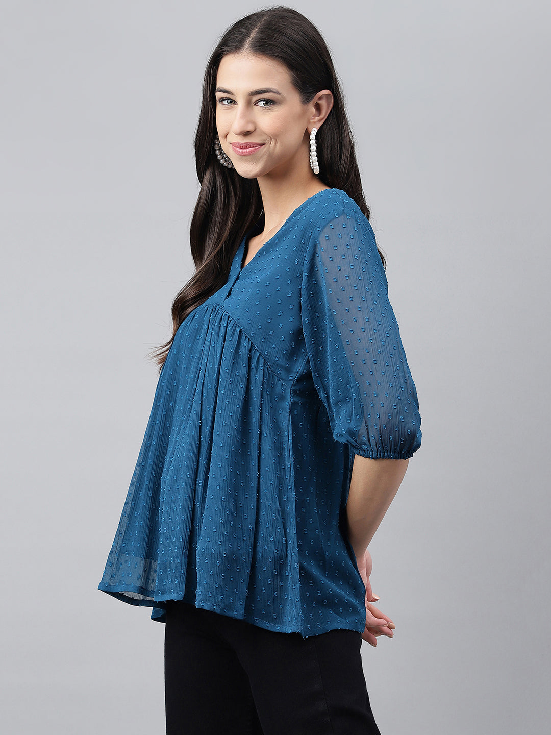 Janasya Women's Teal Blue Dobby Chiffon Solid Casual Empire Top | Swadesiicart