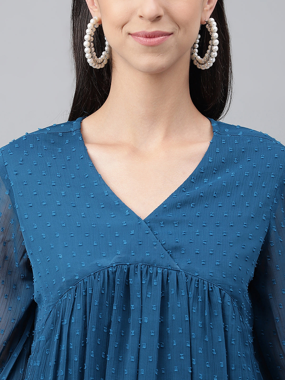 Janasya Women's Teal Blue Dobby Chiffon Solid Casual Empire Top | Swadesiicart
