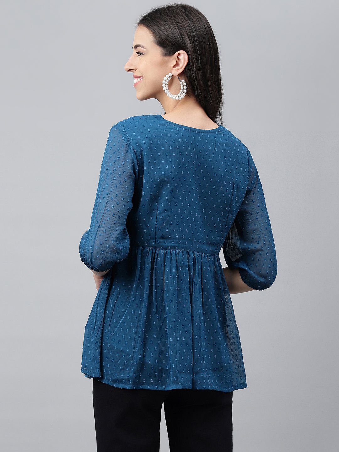 Janasya Women's Teal Blue Dobby Chiffon Solid Casual Empire Top | Swadesiicart