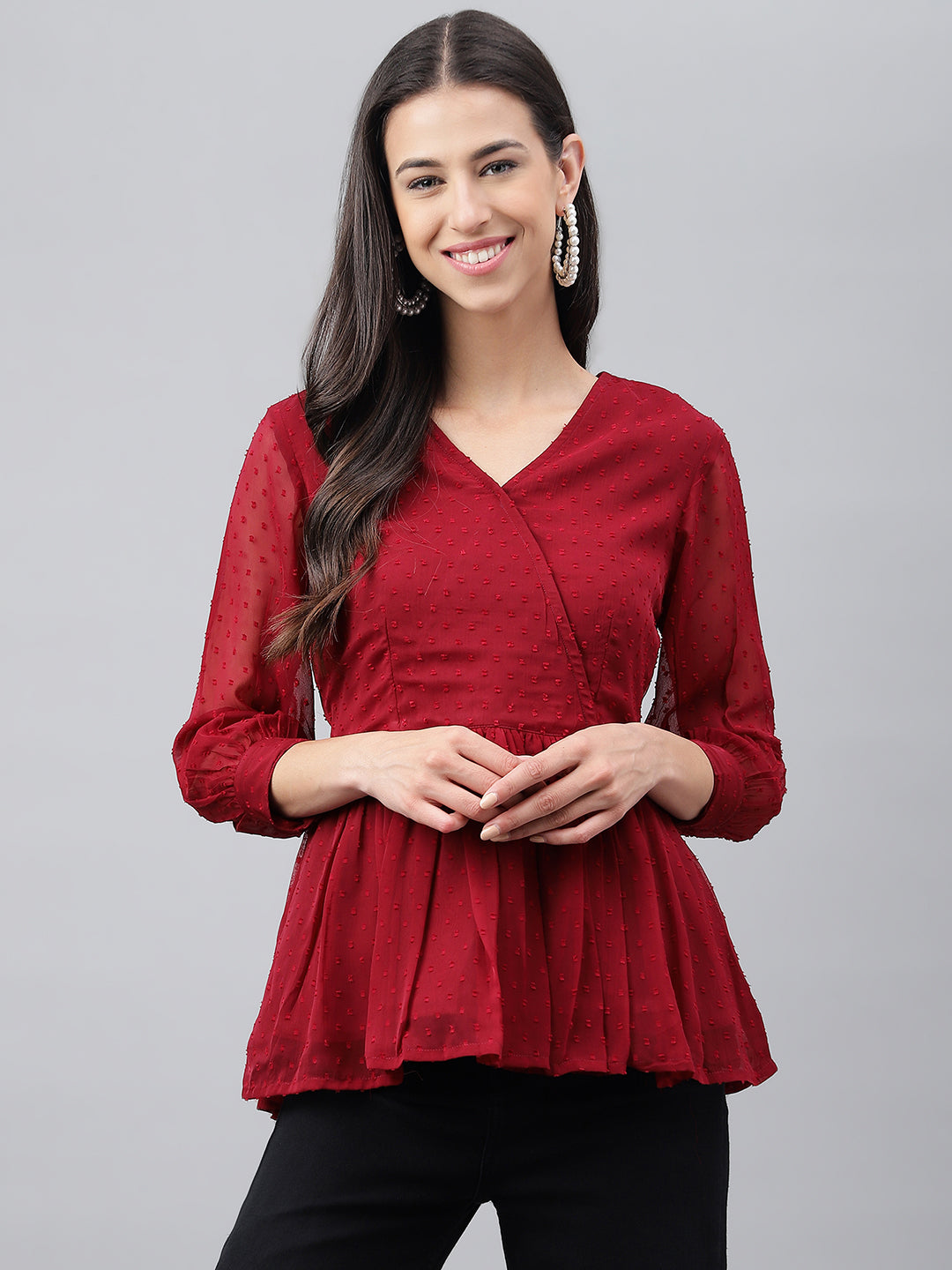 Janasya Women's Maroon Dobby Chiffon Solid Casual Peplum Top | Swadesiicart