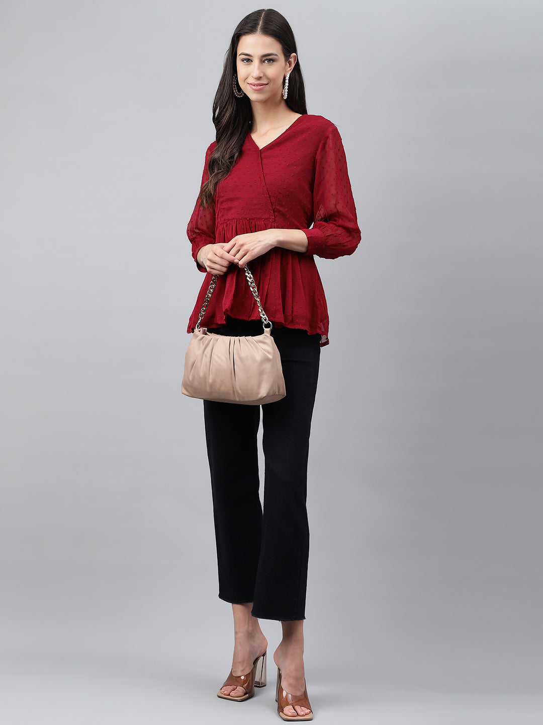 Janasya Women's Maroon Dobby Chiffon Solid Casual Peplum Top | Swadesiicart
