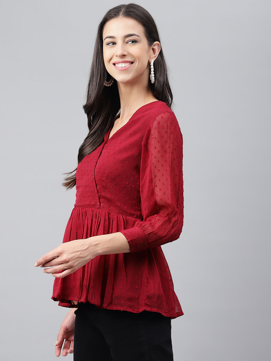 Janasya Women's Maroon Dobby Chiffon Solid Casual Peplum Top | Swadesiicart