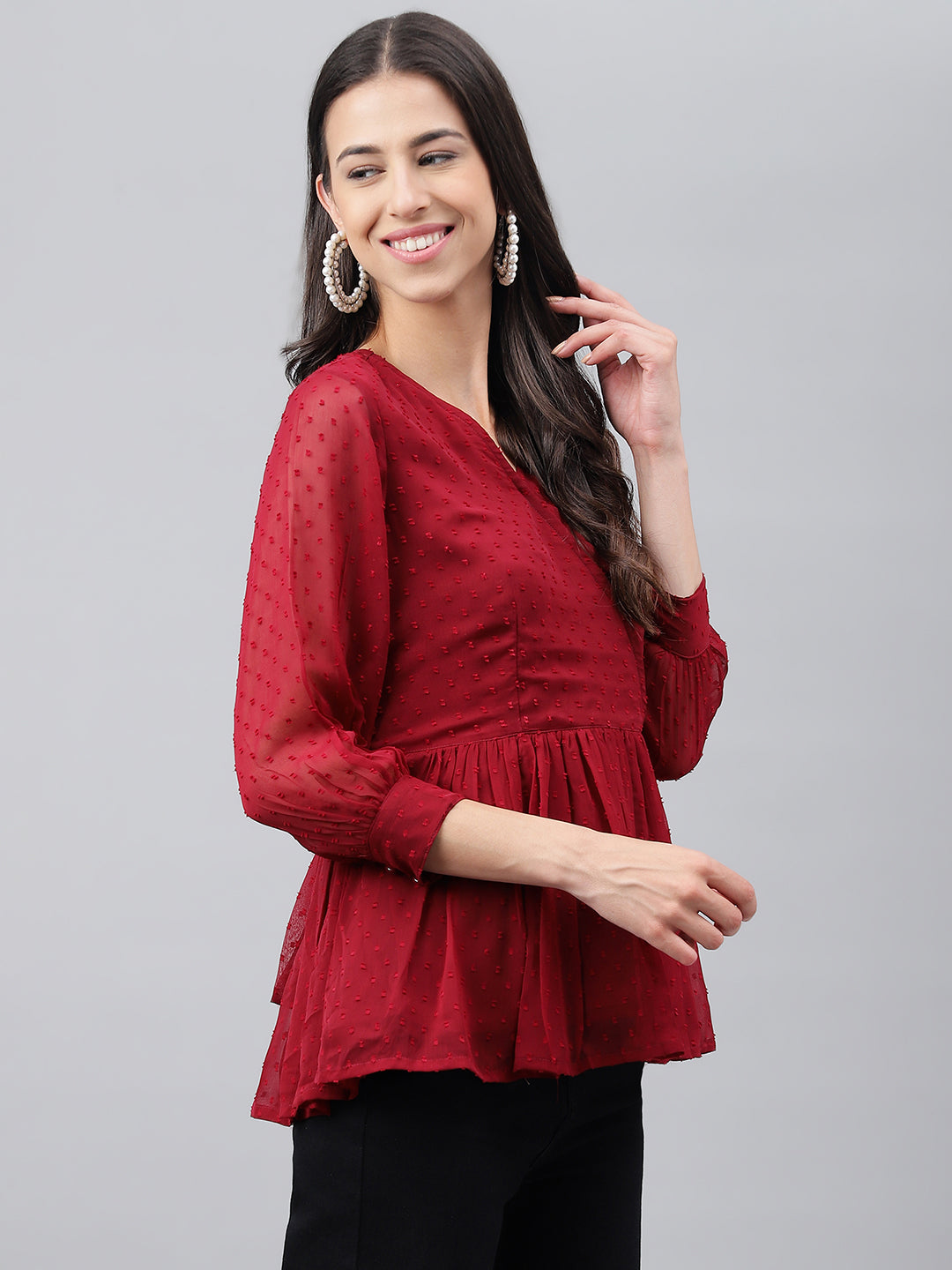 Janasya Women's Maroon Dobby Chiffon Solid Casual Peplum Top | Swadesiicart