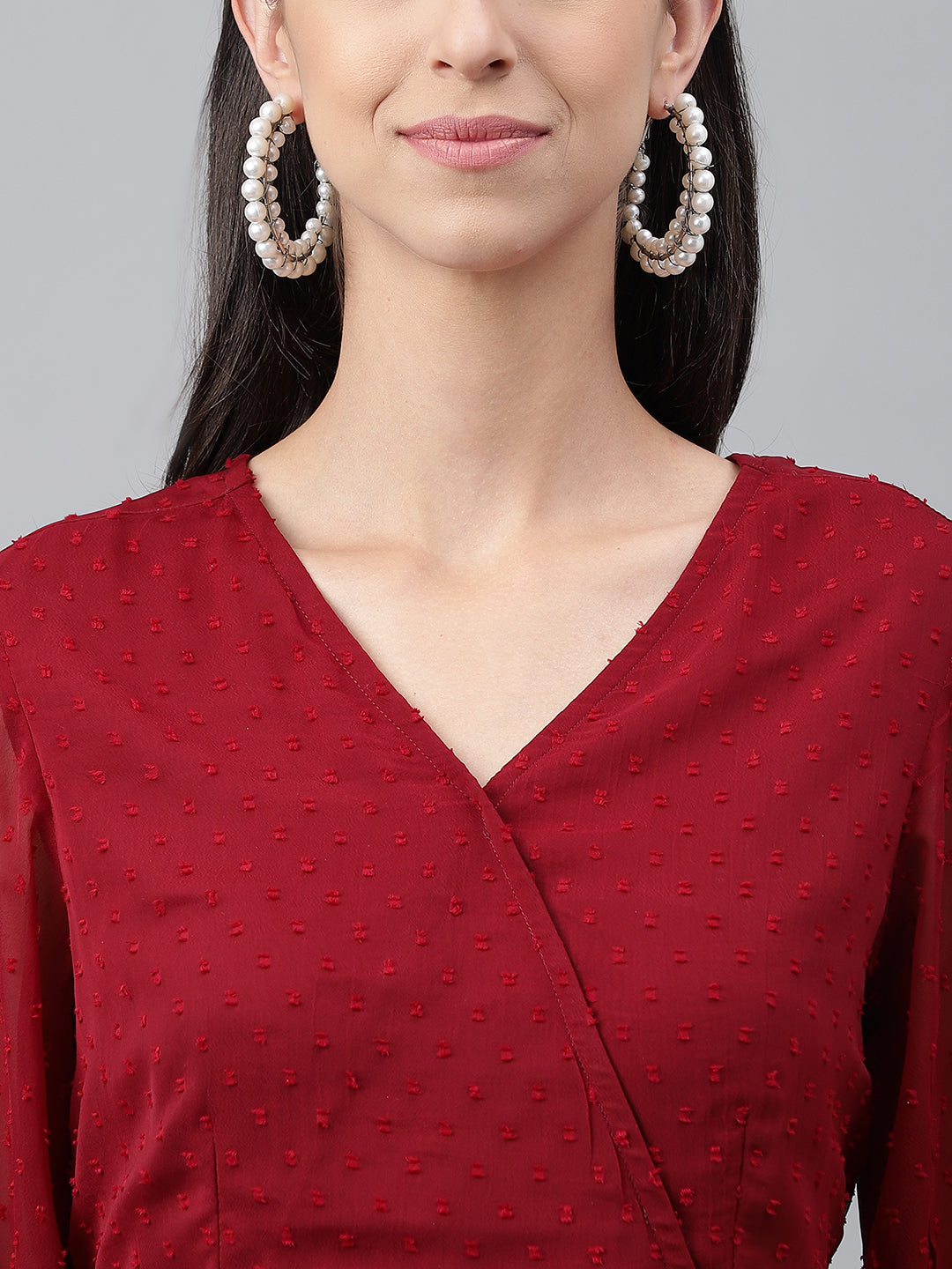 Janasya Women's Maroon Dobby Chiffon Solid Casual Peplum Top | Swadesiicart