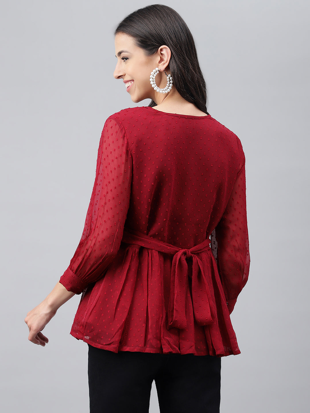 Janasya Women's Maroon Dobby Chiffon Solid Casual Peplum Top | Swadesiicart