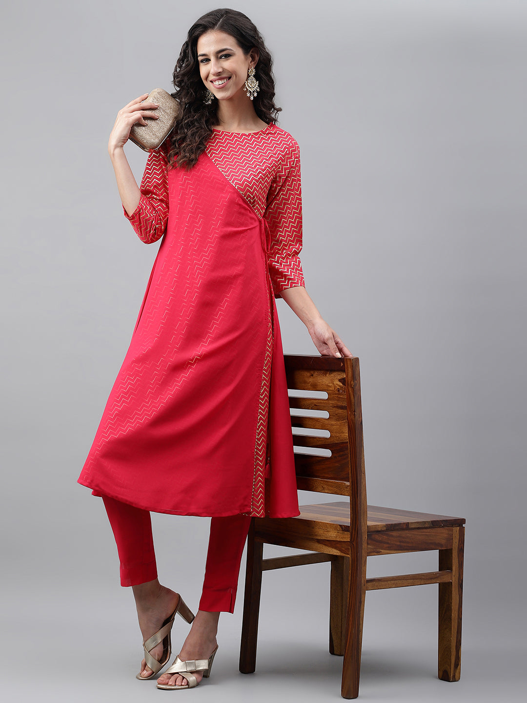 Janasya Women's Pink Crepe Foil Printed Festive Angrakha Kurta | Swadesiicart