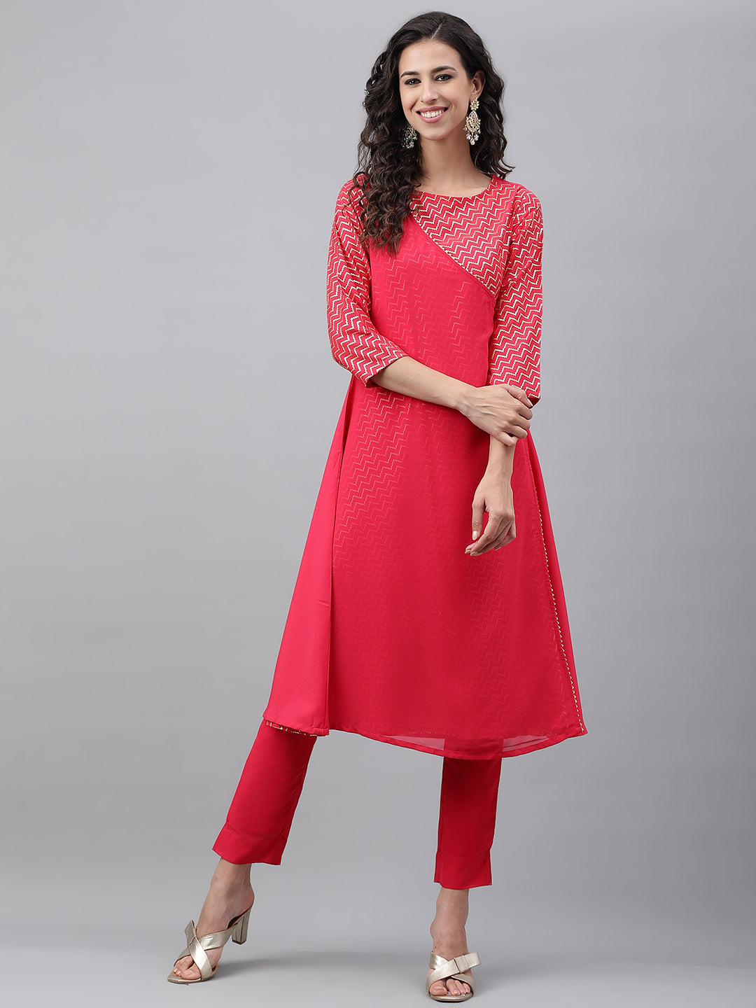 Janasya Women's Pink Crepe Foil Printed Festive Angrakha Kurta | Swadesiicart