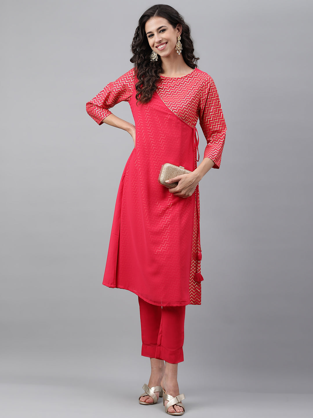 Janasya Women's Pink Crepe Foil Printed Festive Angrakha Kurta | Swadesiicart