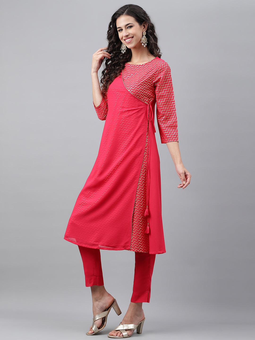 Janasya Women's Pink Crepe Foil Printed Festive Angrakha Kurta | Swadesiicart