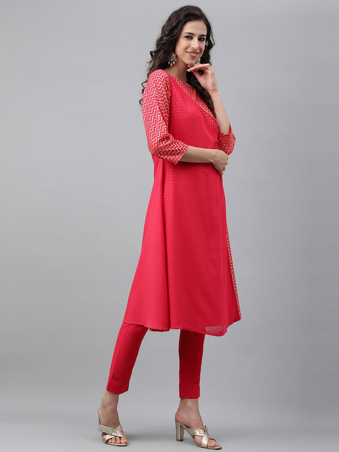 Janasya Women's Pink Crepe Foil Printed Festive Angrakha Kurta | Swadesiicart