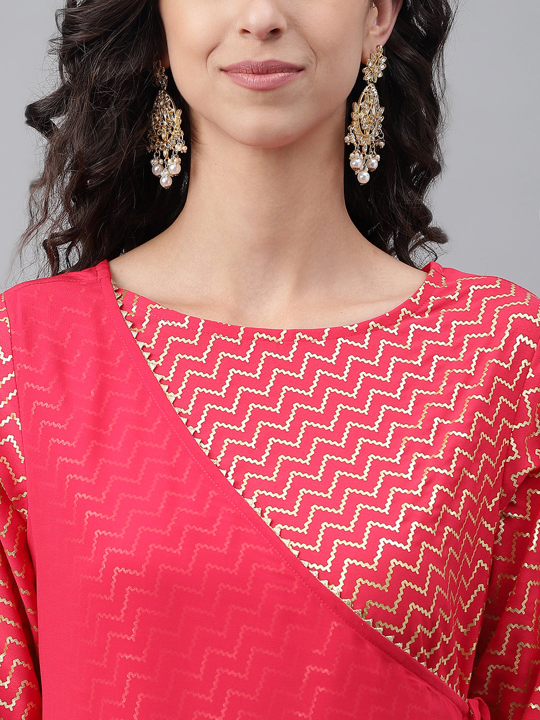 Janasya Women's Pink Crepe Foil Printed Festive Angrakha Kurta | Swadesiicart