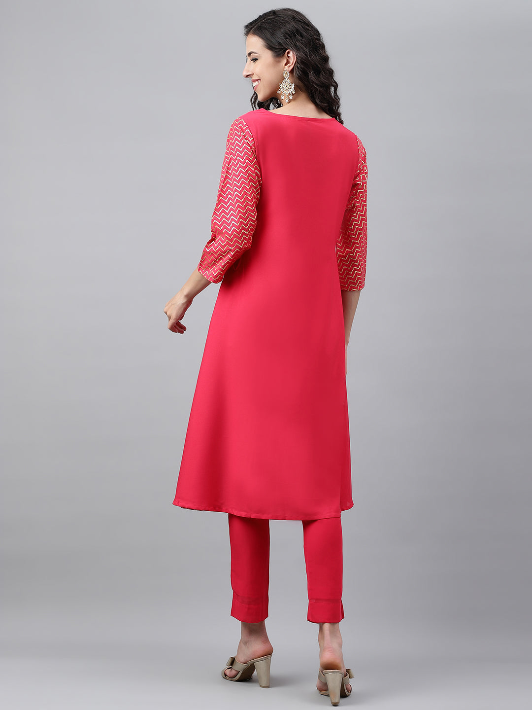 Janasya Women's Pink Crepe Foil Printed Festive Angrakha Kurta | Swadesiicart