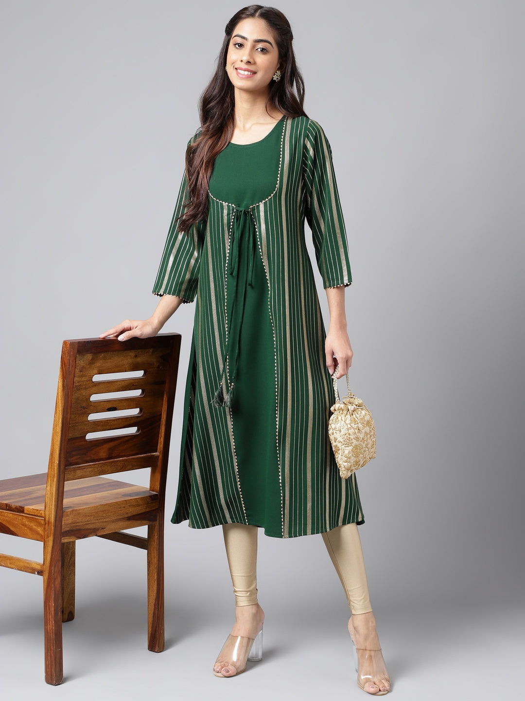 Janasya Women's Green Crepe Foil Printed Casual A-Line Kurta | Swadesiicart