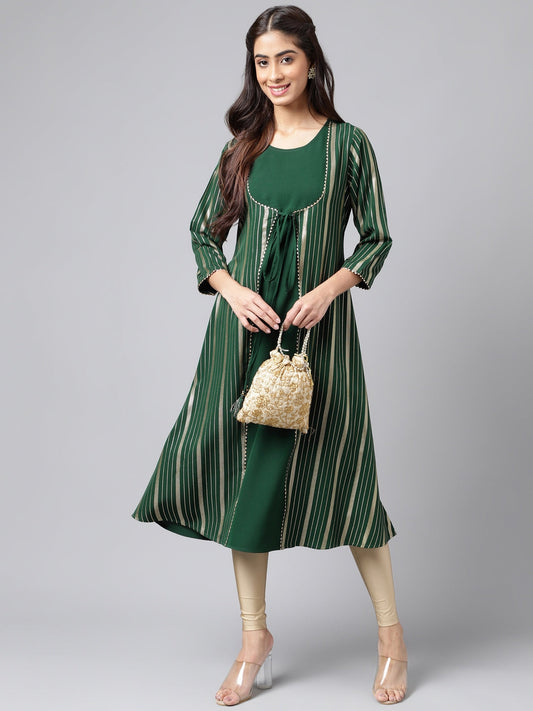Janasya Women's Green Crepe Foil Printed Casual A-Line Kurta | Swadesiicart