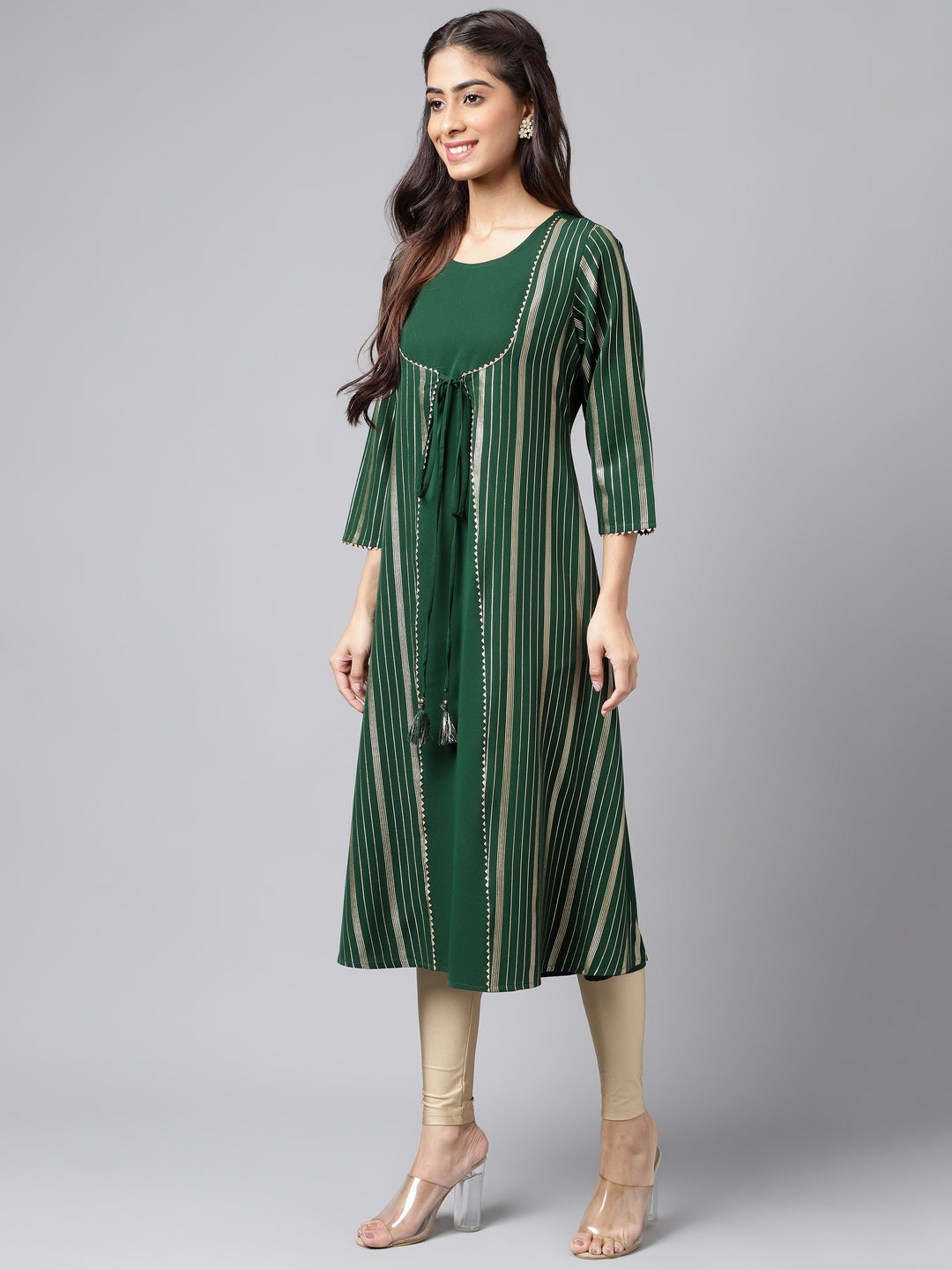 Janasya Women's Green Crepe Foil Printed Casual A-Line Kurta | Swadesiicart