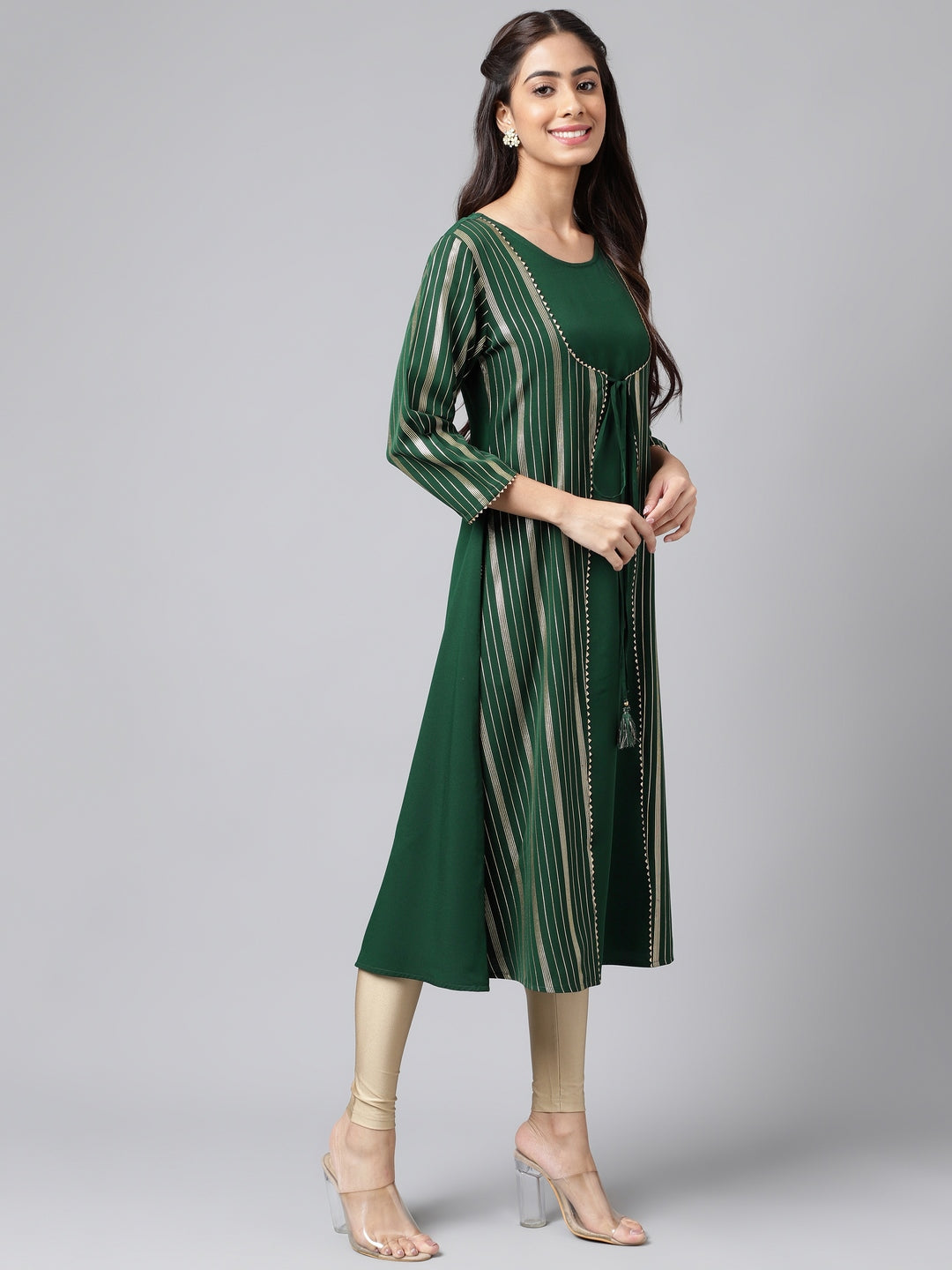 Janasya Women's Green Crepe Foil Printed Casual A-Line Kurta | Swadesiicart